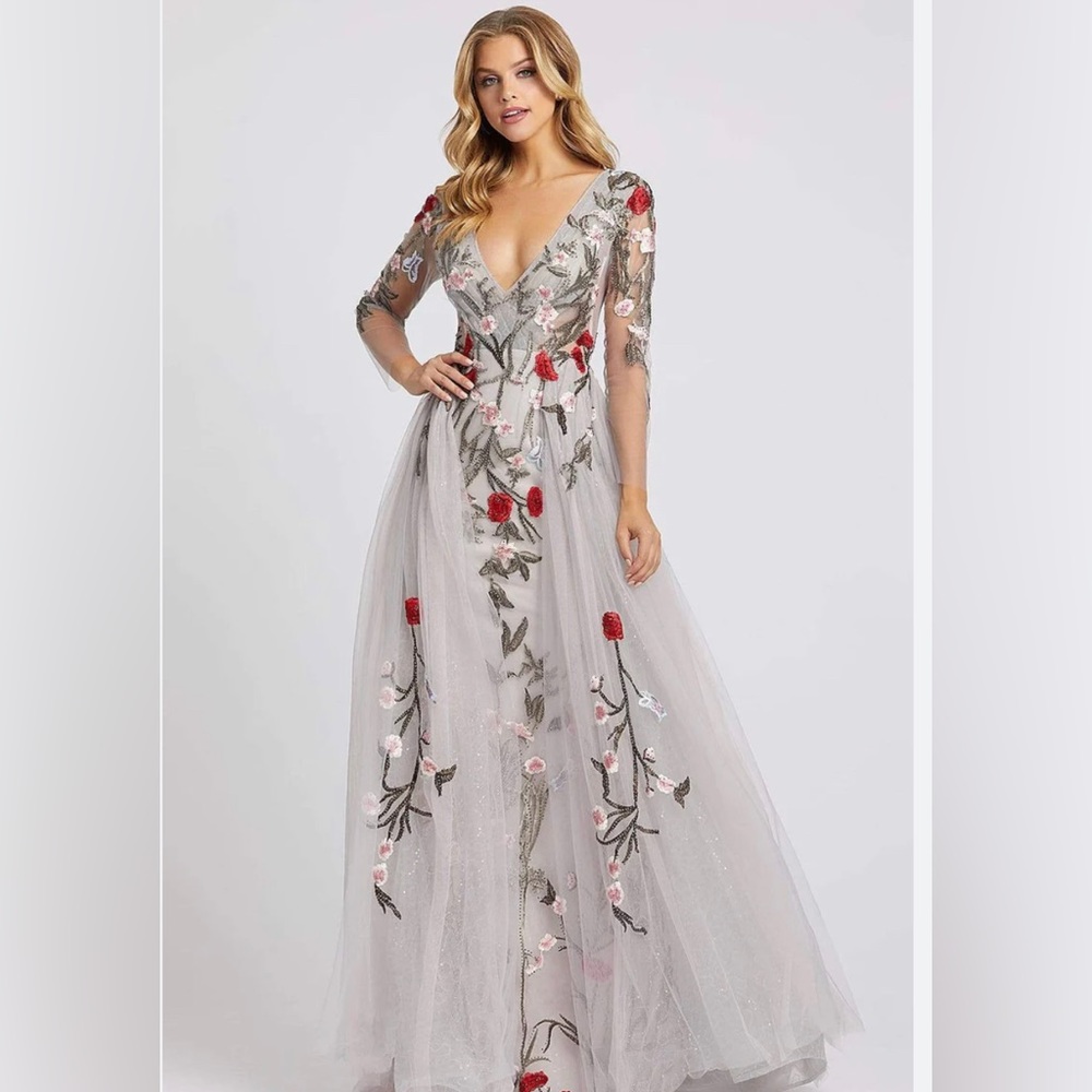 Mac Duggal Floral Embellished Dress in Cream and Red
